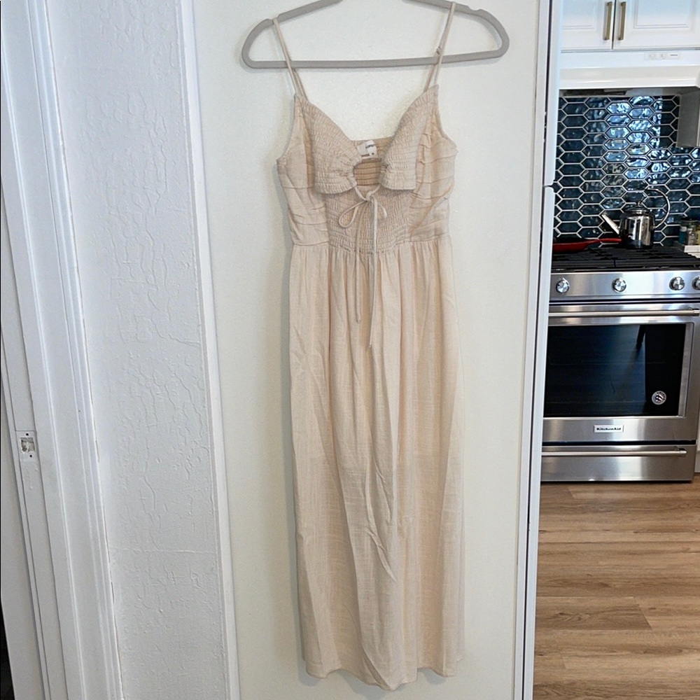Linen Blend Cream Maxi Dress with Smocked Bodice and Spaghetti Straps